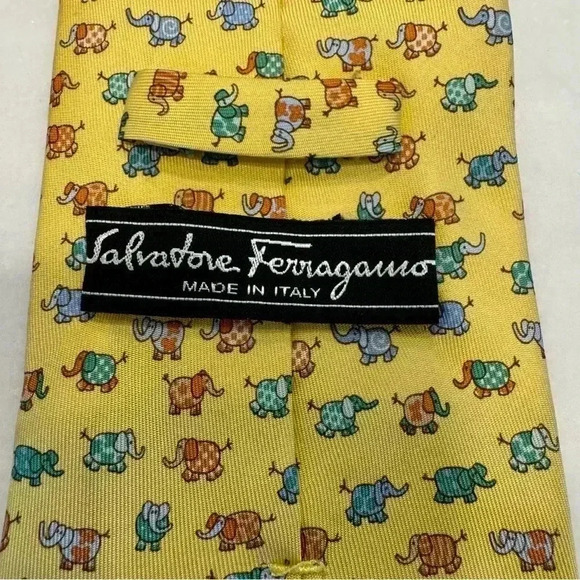Salvatore Ferragamo luxury yellow silk tie with small whimsical elephant print. - Picture 5 of 11